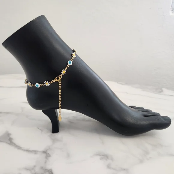 Stainless Steel White Blossom Evil Eye Gold Plated Floral Charm Anklet Bracelet - Picture 8 of 15